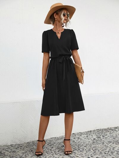 Tied Notched Short Sleeve Dress