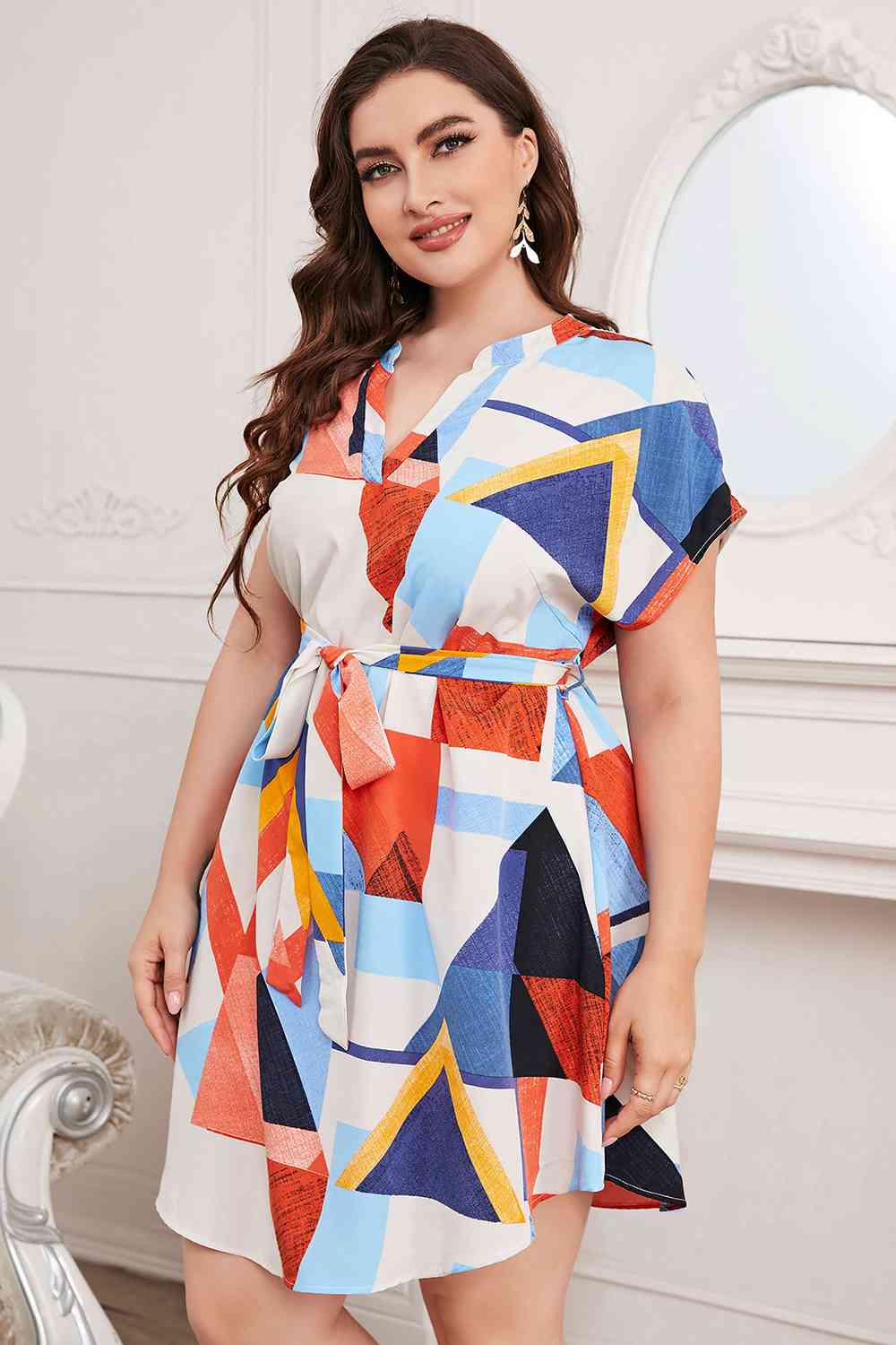 Plus Size Notched Neck Tie Waist Dress