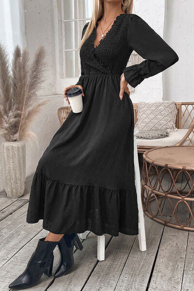 Smocked Surplice Flounce Sleeve Midi Dress