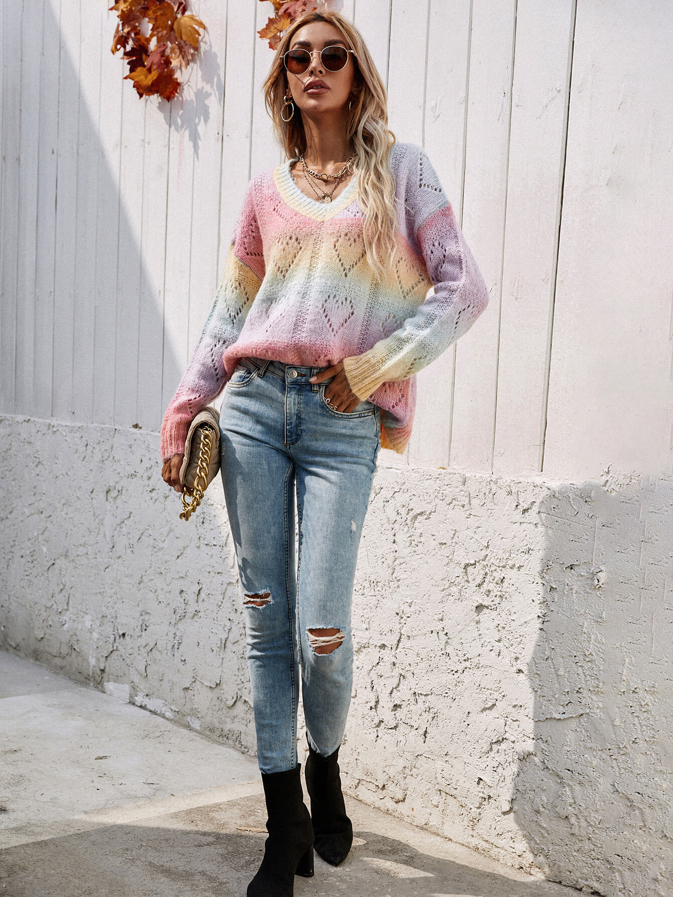 Tie-Dye V-Neck Drop Shoulder Pullover Sweater