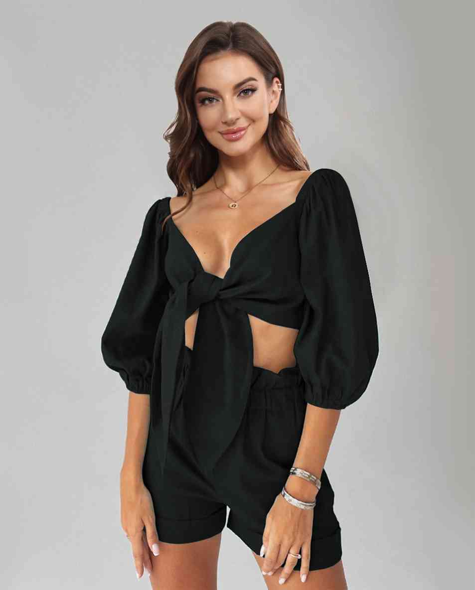 Cutout Puff Sleeve Top and Shorts Set