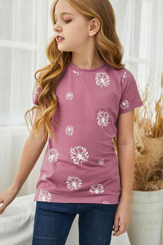 Camiseta con cuello redondo y estampado de diente de león para niñas