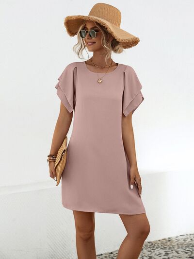 Round Neck Flutter Sleeve Mini Dress