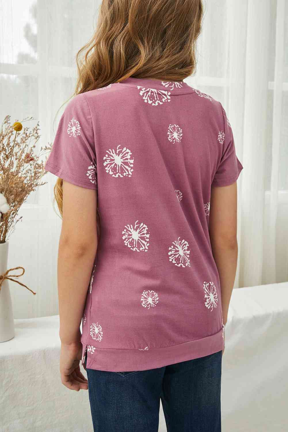 Camiseta con cuello redondo y estampado de diente de león para niñas