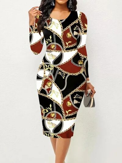 Printed Round Neck Long Sleeve Midi Dress