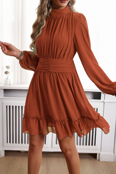 Frill Ruched Mock Neck Balloon Sleeve Dress