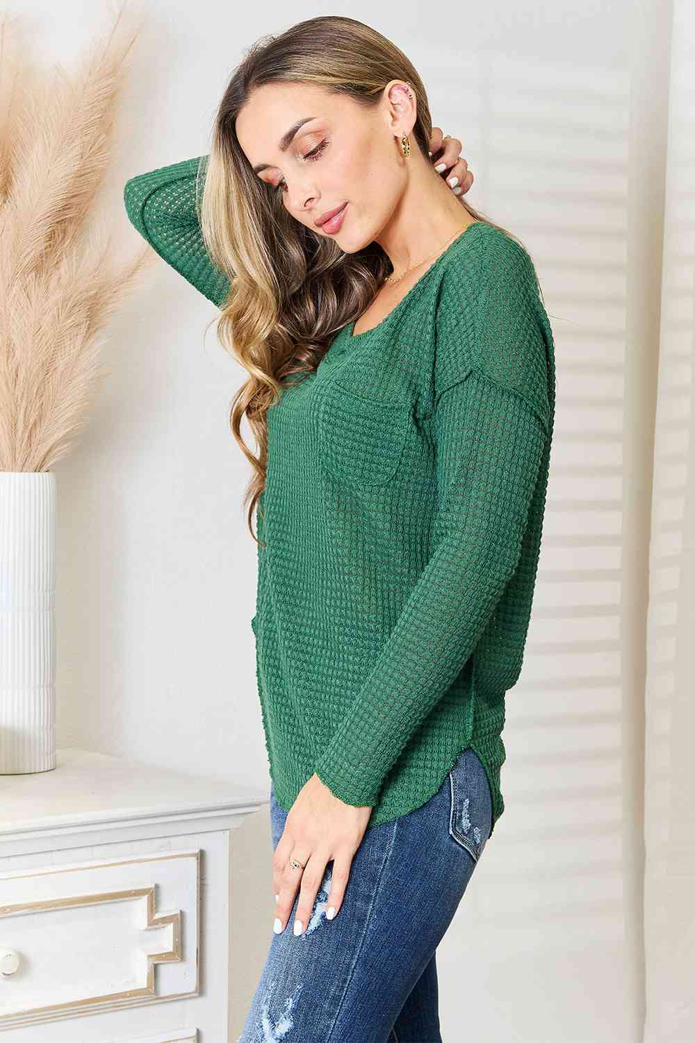Full Size Scoop Neck Patch Pocket Top