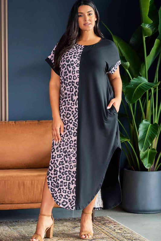 Vestido midi de manga corta con estampado de leopardo en contraste de talla grande