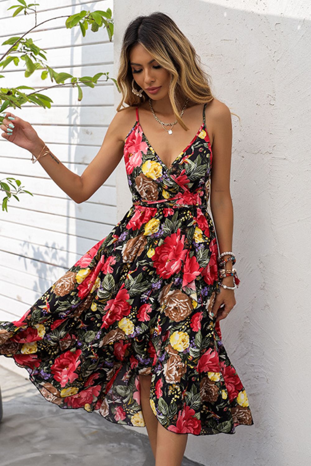 Floral Spaghetti Strap Crisscross Tied Dress