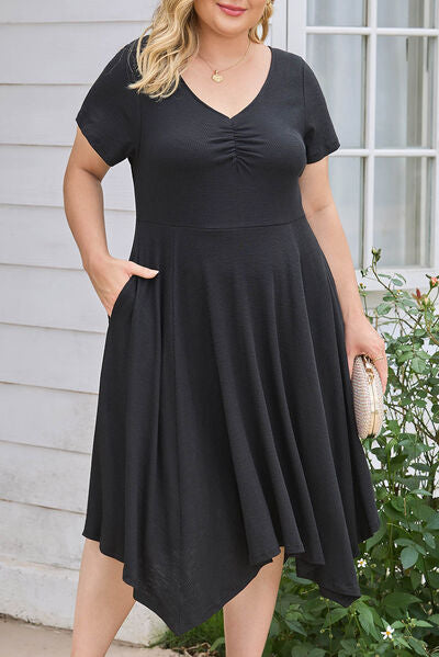 Plus Size Ruched Crisscross V-Neck Short Sleeve Dress