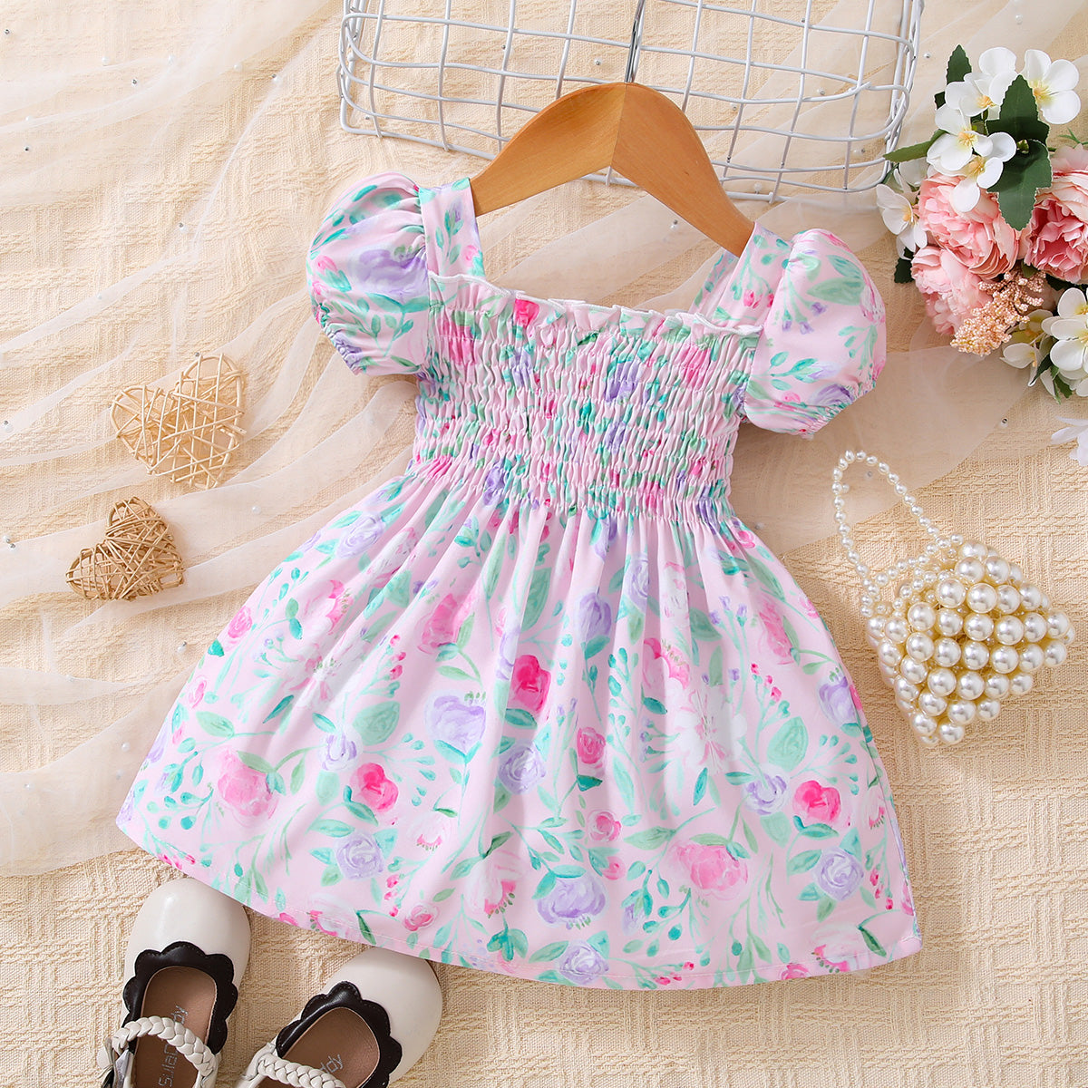 Bebé niña Vestido fruncido con ribete de volante floral