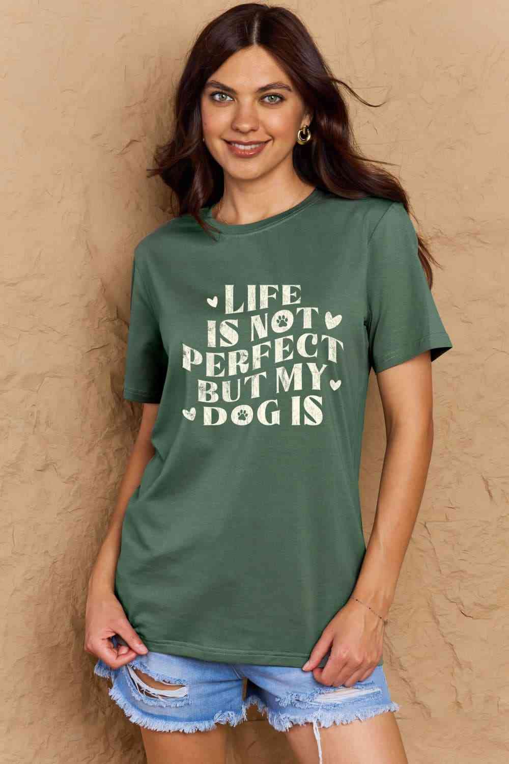 Camiseta de algodón con estampado de eslogan de perro de tamaño completo de Simply Love