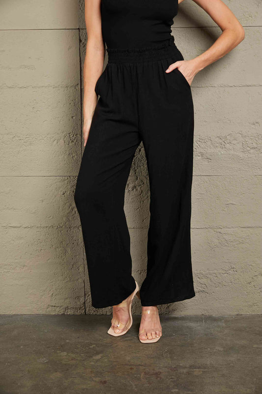 Elastic Waist Straight Leg Pants with Pockets