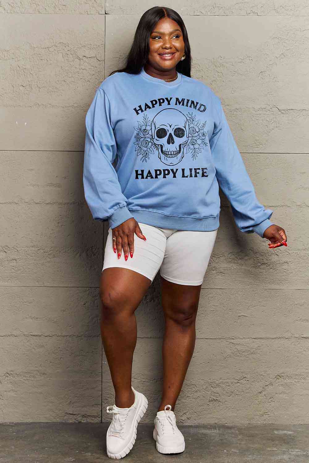 Sudadera con estampado de calavera HAPPY MIND HAPPY LIFE de tamaño completo de Simply Love Simply Love