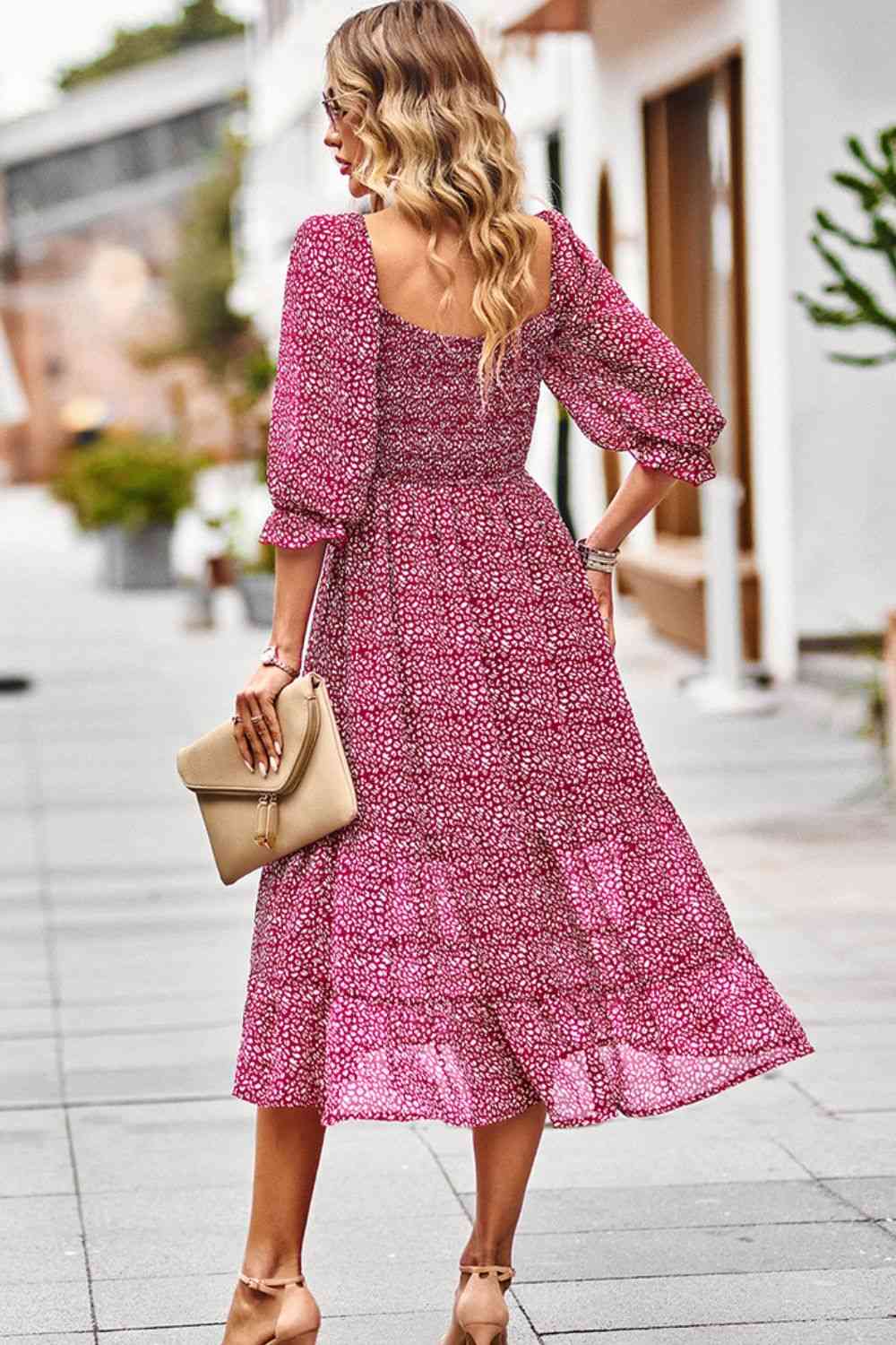 Leopard Square Neck Flounce Sleeve Midi Dress