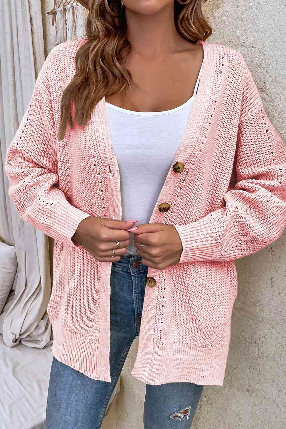 V-Neck Openwork Long Sleeve Cardigan