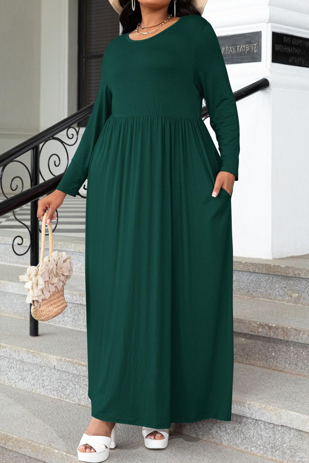 Plus Size Round Neck Long Sleeve Maxi Dress with Pockets