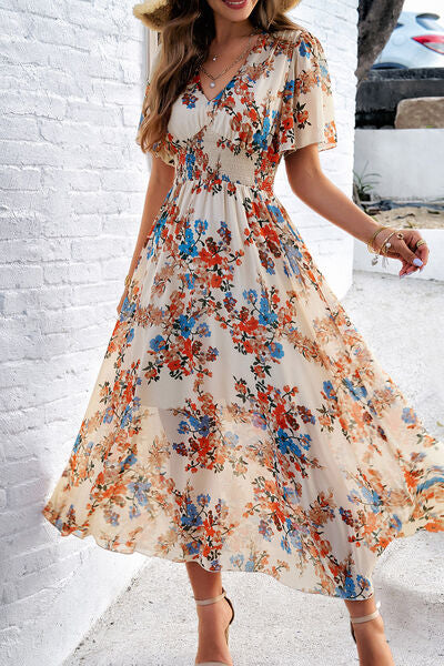 Smocked Floral V-Neck Short Sleeve Dress