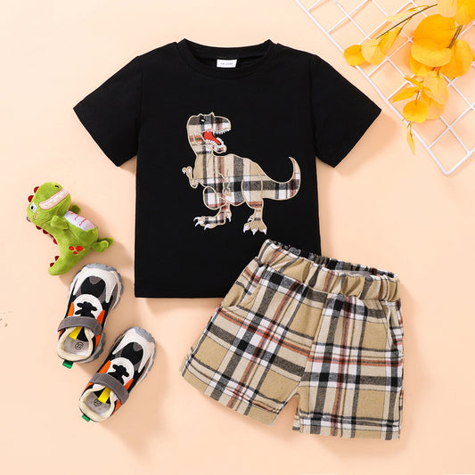 Conjunto de camiseta con estampado de dinosaurio para niños y pantalones cortos a cuadros