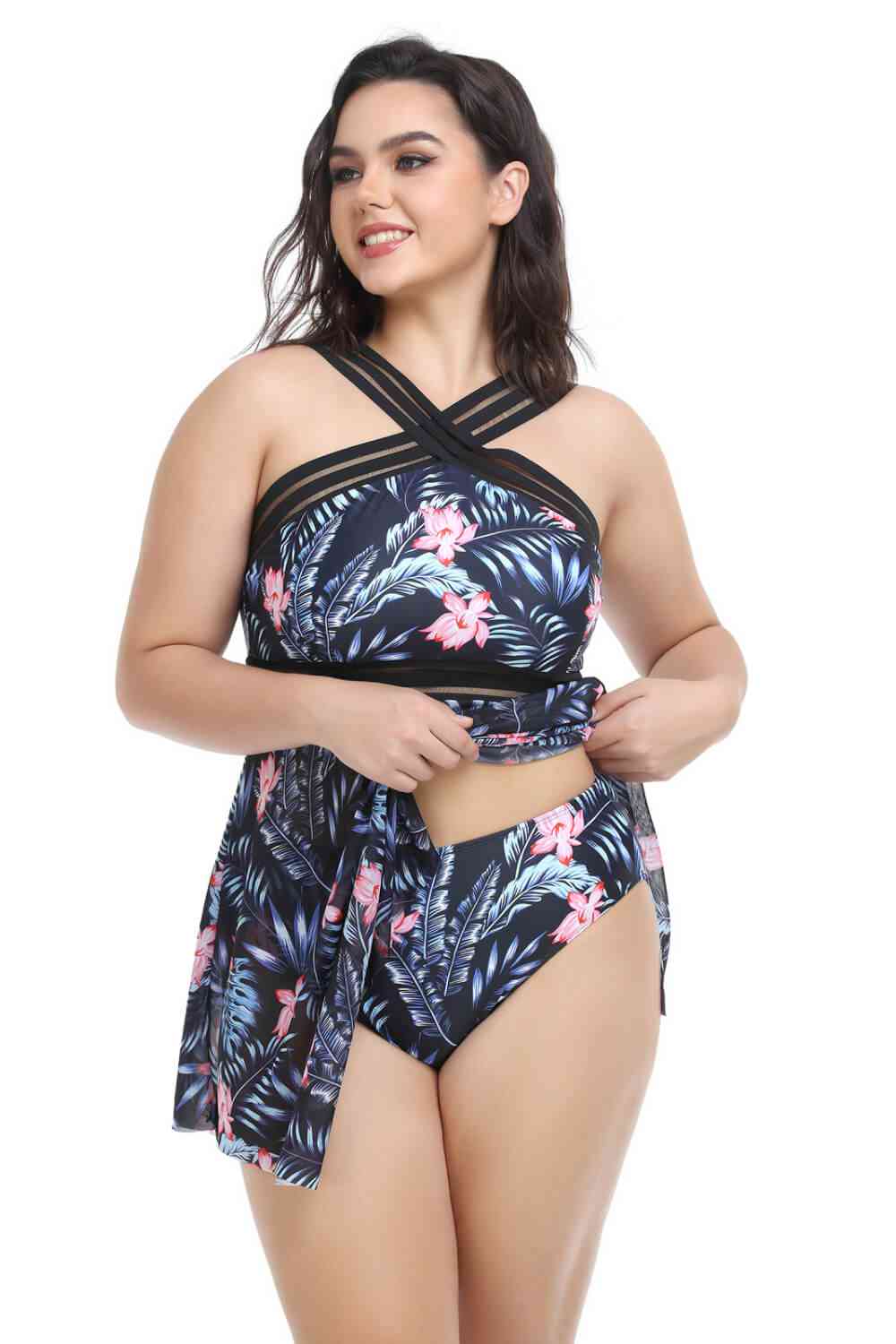 Conjunto de pantalón y vestido de baño con dobladillo de pañuelo de talla grande