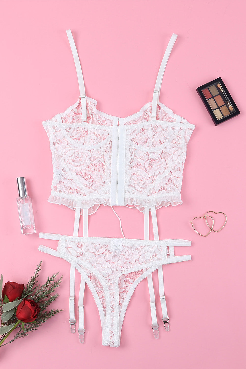 Lace-Up Frill Trim Lingerie Set