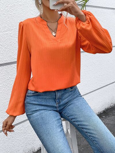 Notched Balloon Sleeve Blouse