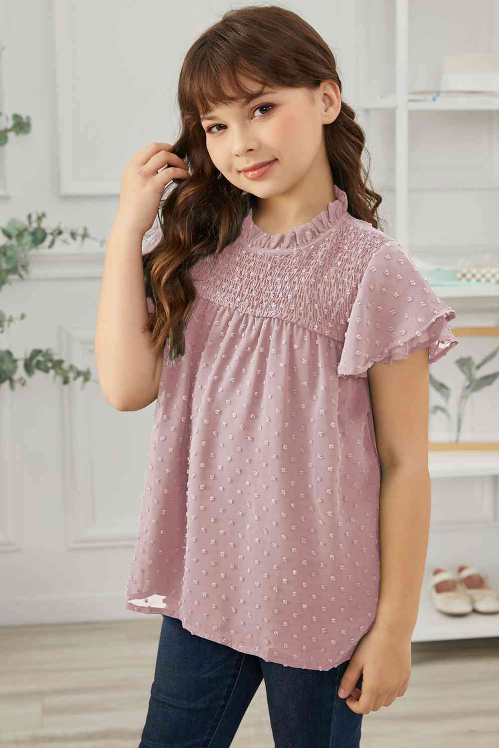 Girls Swiss Dot Smocked Flutter Sleeve Blouse