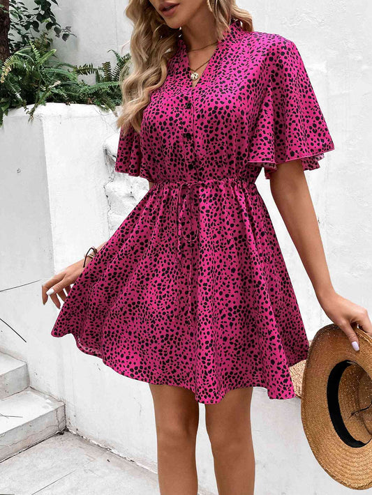 Printed Drawstring Waist Flutter Sleeve Dress