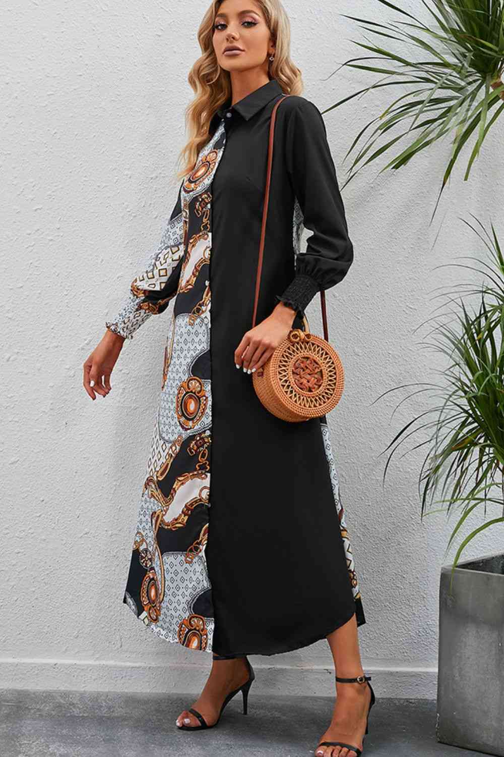 Printed Long Sleeve Collared Dress