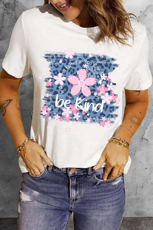 Camiseta con cuello redondo y estampado floral de leopardo