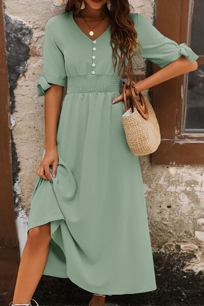 Smocked Quarter Button Short Sleeve Dress