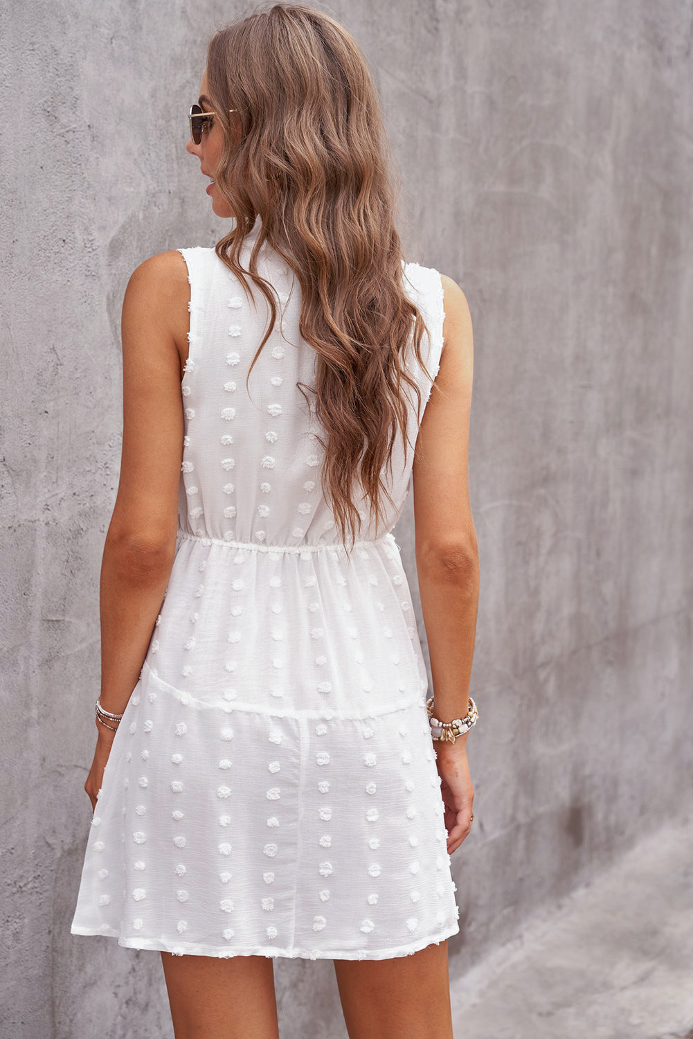 Swiss Dot Tie-Neck Sleeveless Dress