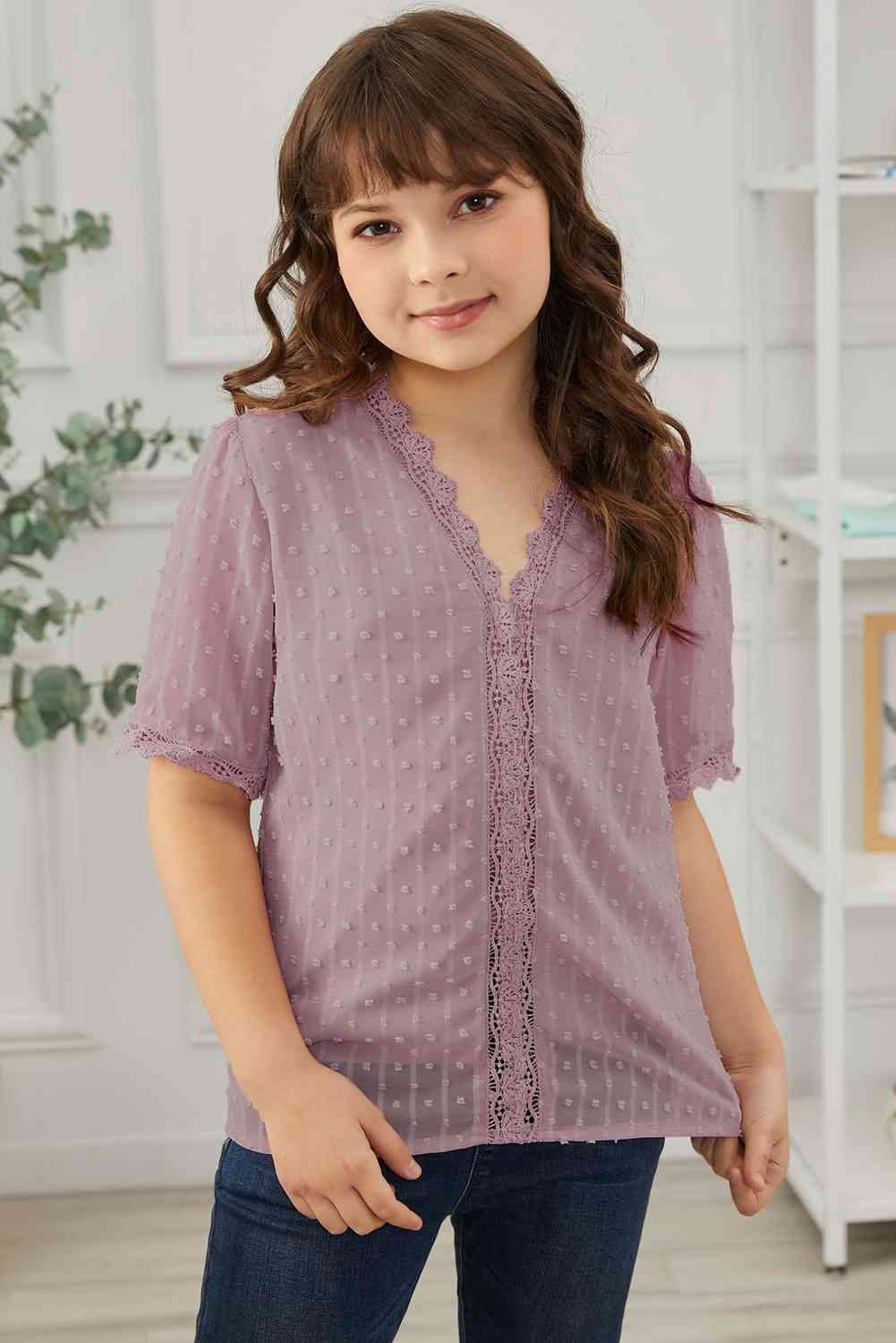 Girls Swiss Dot Spliced Lace Blouse