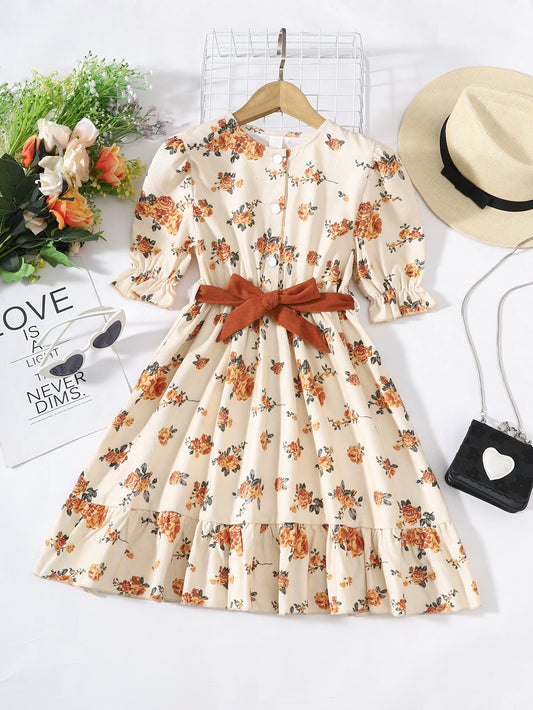 Vestido de niñas con estampado floral y mangas abullonadas