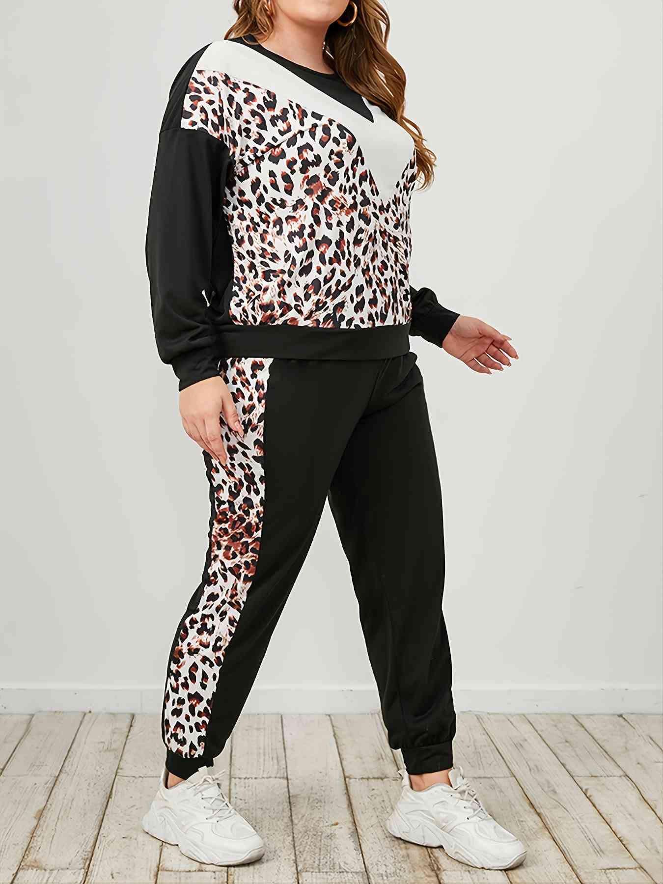 Conjunto de sudadera y pantalón deportivo de leopardo talla grande
