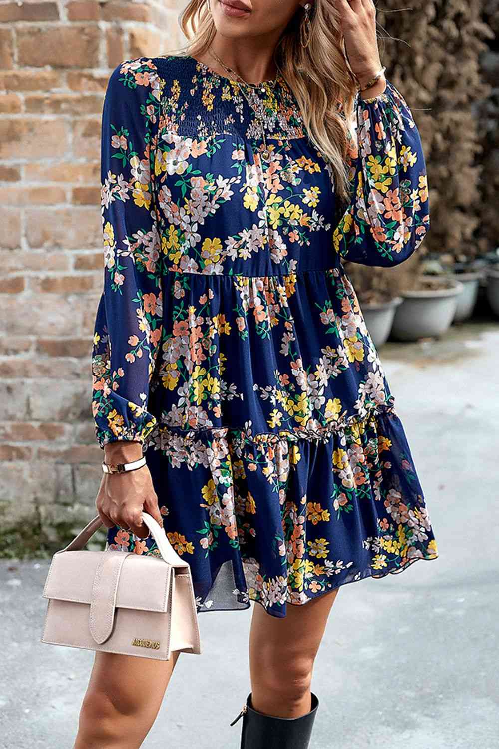 Smocked Floral Print Long Sleeve Mini Dress