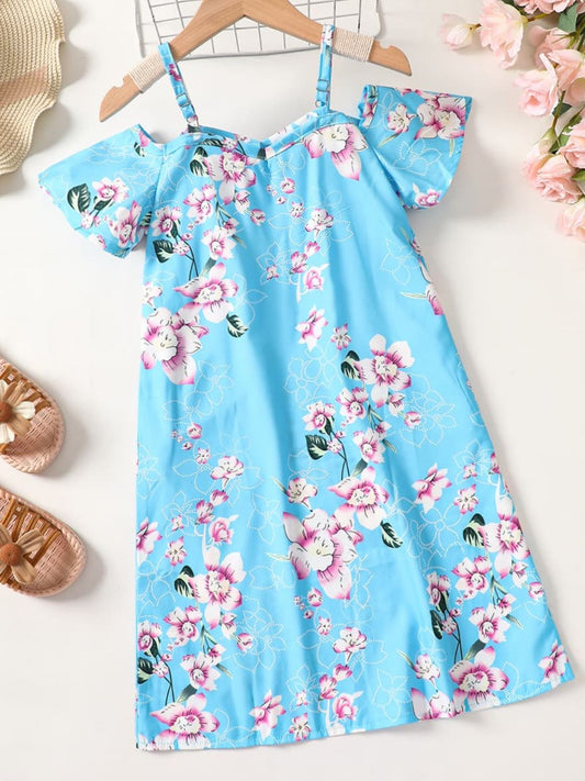 Vestido floral con hombros descubiertos y mangas acampanadas para niñas